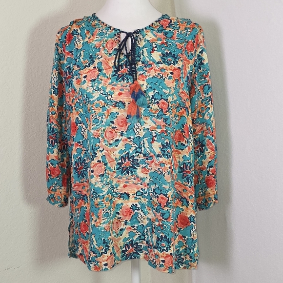 Tolani Tops - Tolani Collection XS Floral Boho Tunic Top NWT Multicolor Tassel Tie Neck